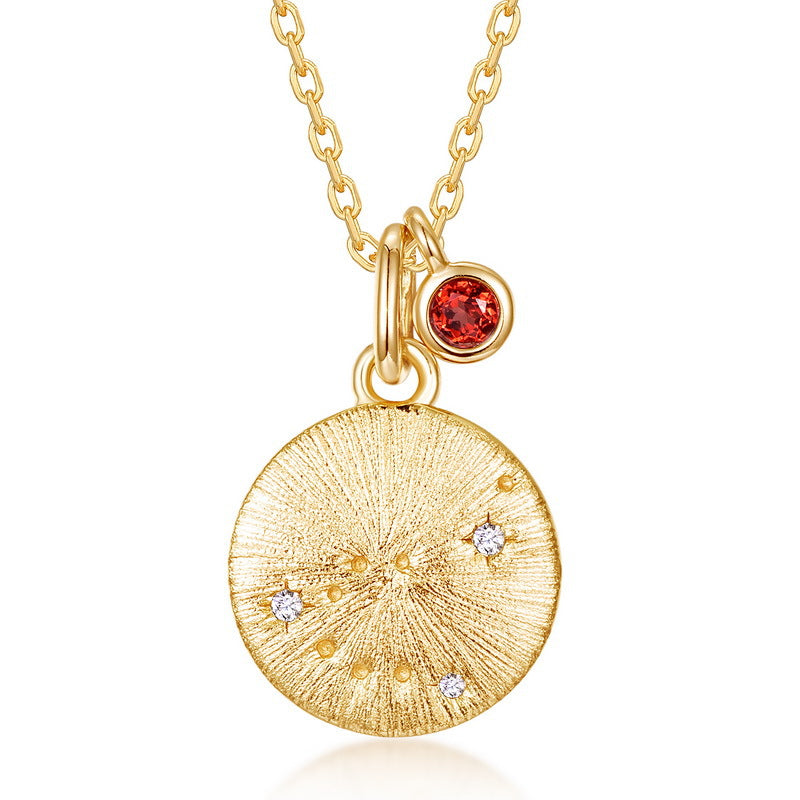 Capricorn Constellation Necklace | Garnet Birthstone Zodiac Pendant | Hand-Brushed Gold Coin Astrology Jewelry