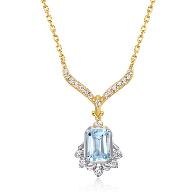 Vintage 5x7mm Emerald Cut Sky Blue Topaz V-Shape Pendant Necklace