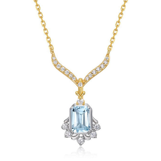 Vintage 5x7mm Emerald Cut Sky Blue Topaz V-Shape Pendant Necklace
