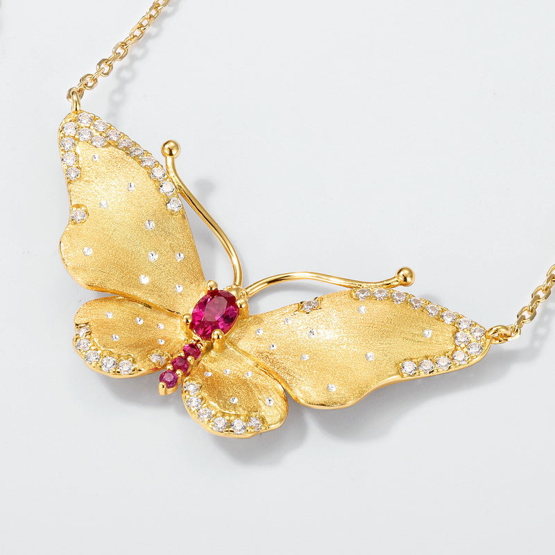Unique Ruby Pendant Frosted Brush Gold Monarch Butterfly Statement Necklace