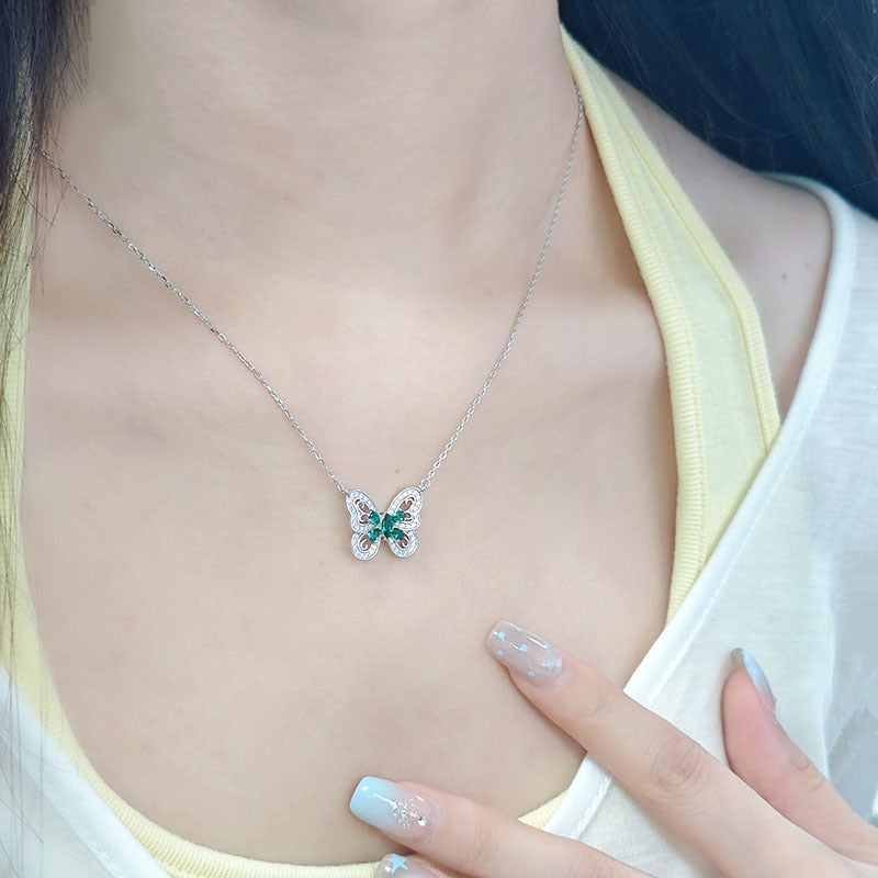 Elegant Silver Emerald Butterfly Necklace and Earring Set May Birthstone