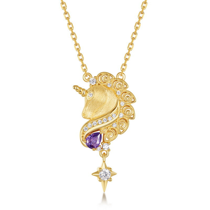 Handcrafted Brushed Gold Unicorn Necklace -Plated Amethyst Pendant