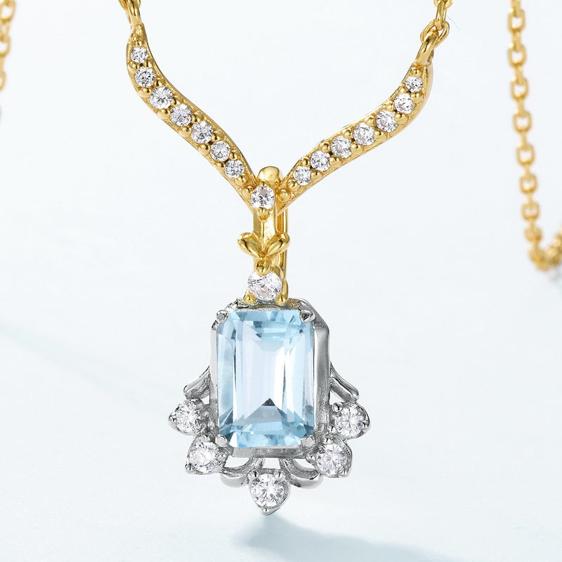 Vintage 5x7mm Emerald Cut Sky Blue Topaz V-Shape Pendant Necklace