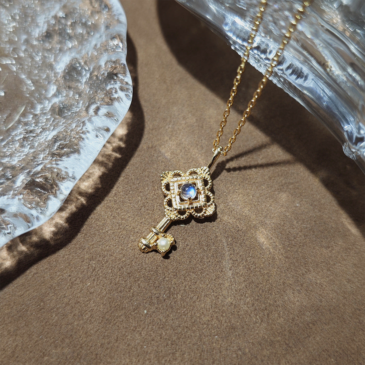 Elegant Vintage-Inspired Moonstone Pearl Key Necklace June Birthstone