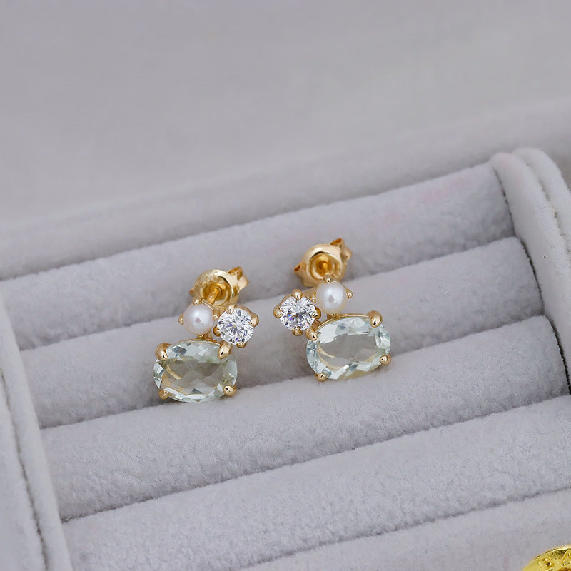 Dainty Oval Cut Green Amethyst Pearl Stud Earrings Three Stone