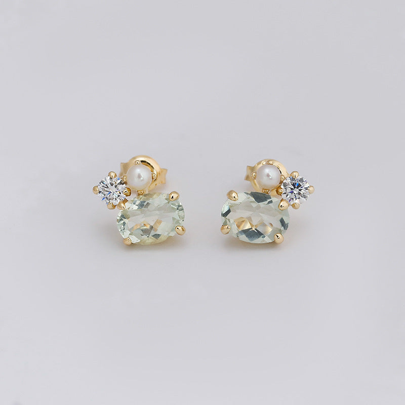 Dainty Oval Cut Green Amethyst Pearl Stud Earrings Three Stone