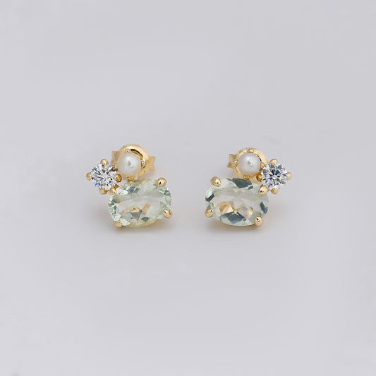 Dainty Oval Cut Green Amethyst Pearl Stud Earrings Three Stone