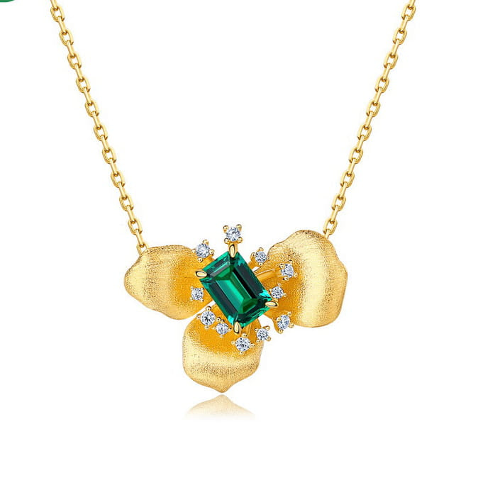 Gold Plated Sterling Silver Lab-Grown Emerald Flower Necklace