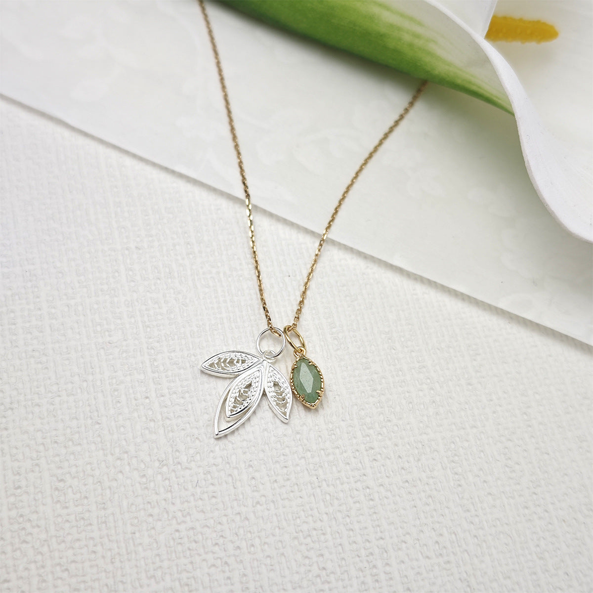 Delicate Sage Leaf Silver Green Aventurine Pendant Botanical Filigree Necklace