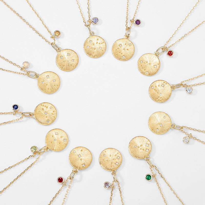 Virgo Zodiac Coin Necklace | Sapphire Birthstone Constellation Pendant | Brushed Gold Celestial Jewelry