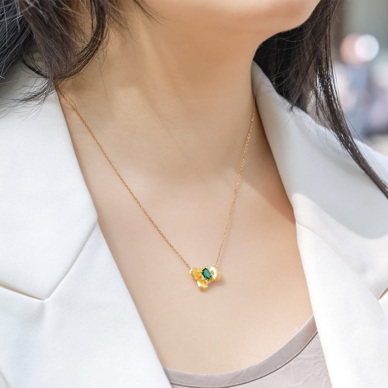 Gold Plated Sterling Silver Lab-Grown Emerald Flower Necklace
