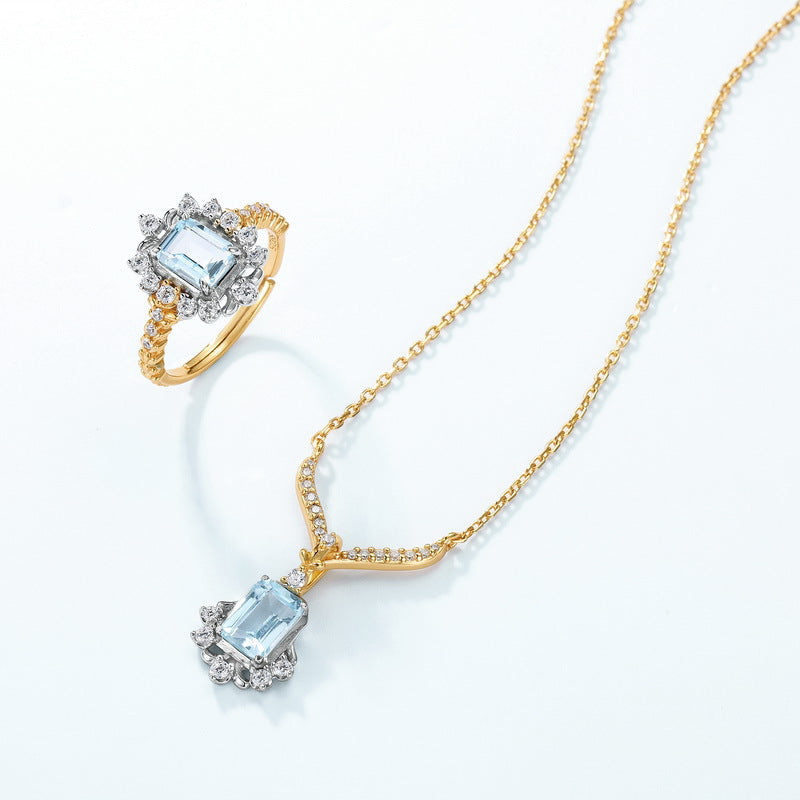 Vintage 5x7mm Emerald Cut Sky Blue Topaz V-Shape Pendant Necklace