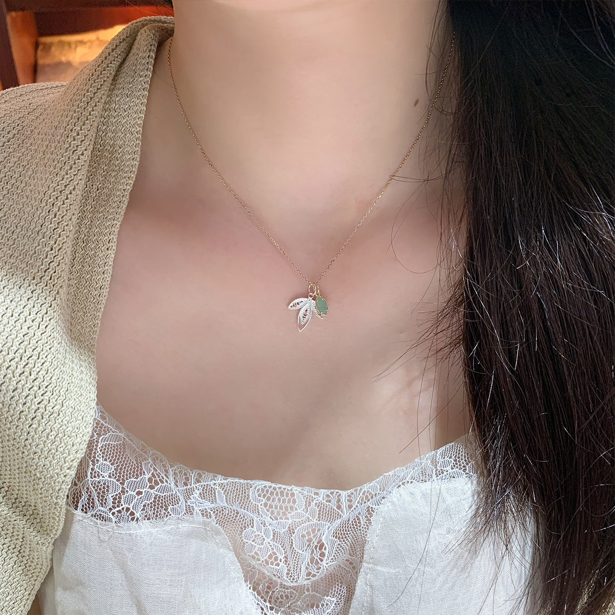 Delicate Sage Leaf Silver Green Aventurine Pendant Botanical Filigree Necklace
