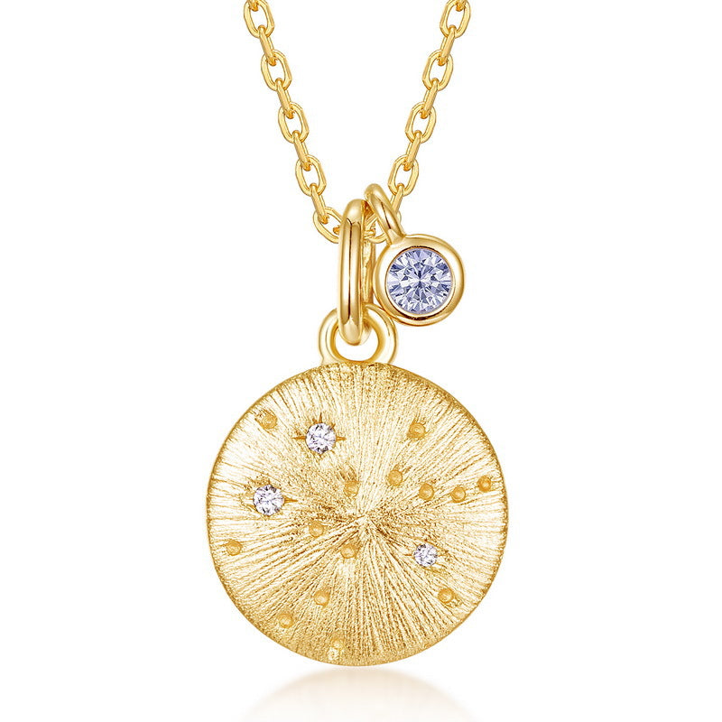 Aries Star Sign Necklace | Crystal Birthstone Zodiac Pendant | Hand-Brushed Gold Horoscope Disc