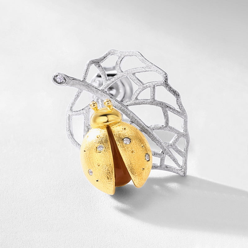 Ladybug Leaf Earrings, Two-Tone Gold & Silver Stud Earrings with Natural Red Agate Accents
