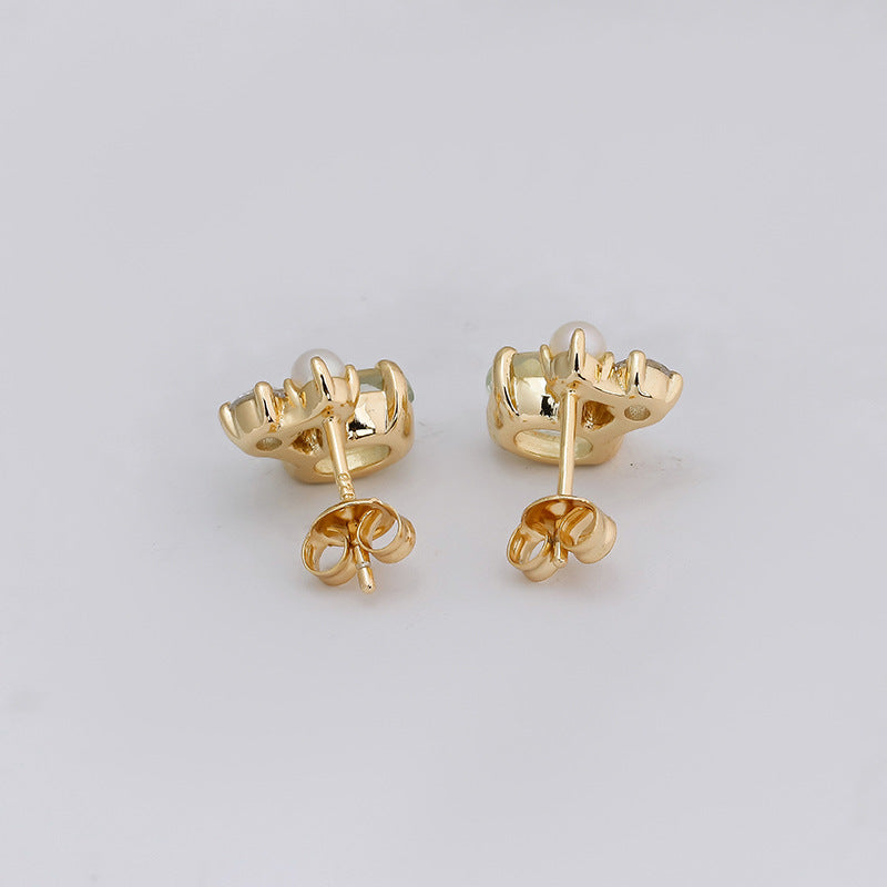 Dainty Oval Cut Green Amethyst Pearl Stud Earrings Three Stone