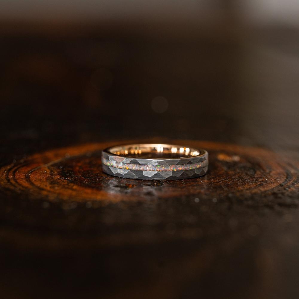 6mm Men's wedding band Tungsten Steel Hammered Electric Rose Ring Inlaid with Orbo Tungsten Gold - PENFINE