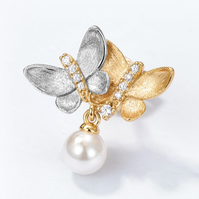 Two Tone Gold Hand-Brushed Butterfly Stud Earrings Sparkling Rhinestones & Pearls
