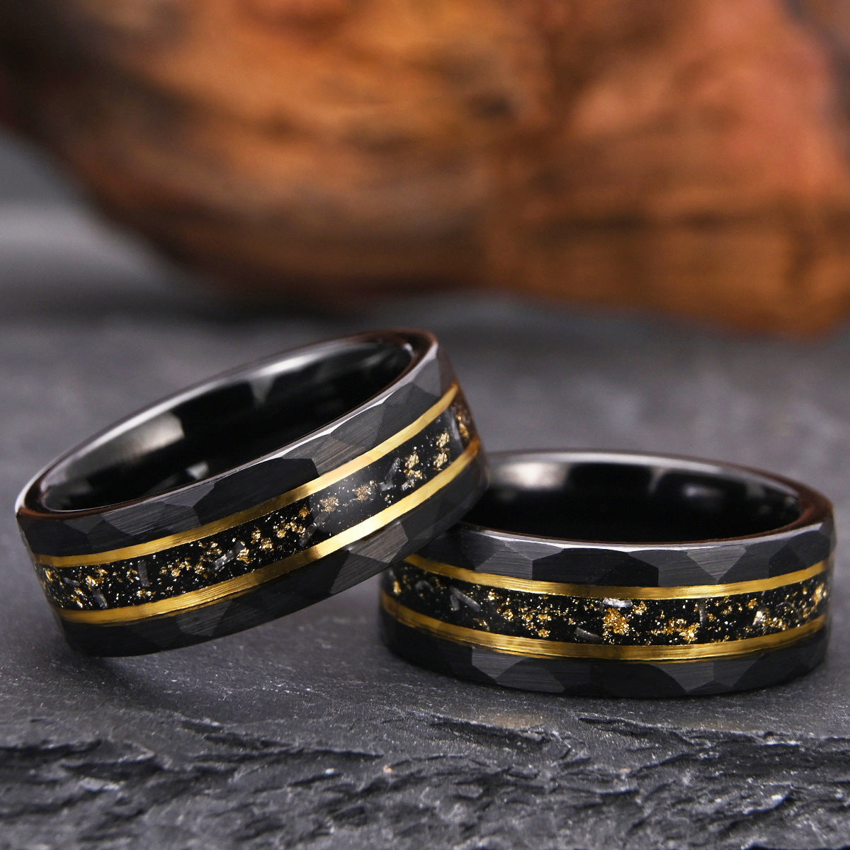8mm men's wedding band Electric black tungsten steel with crushed gold foil meteorite opal - PENFINE