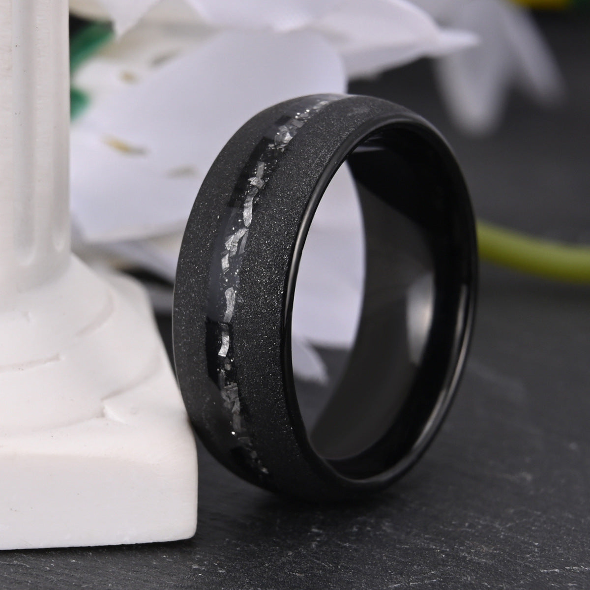 Tungsten steel curved sandblasted black meteorite ring men's wedding band - PENFINE