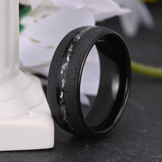 Tungsten steel curved sandblasted black meteorite ring men's wedding band - PENFINE