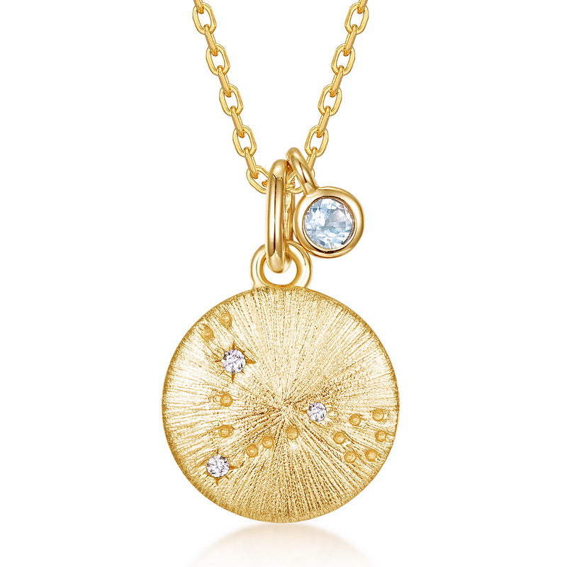 Pisces Zodiac Coin Necklace | Aquamarine Birthstone Constellation Pendant | Hand-Brushed Celestial Jewelry