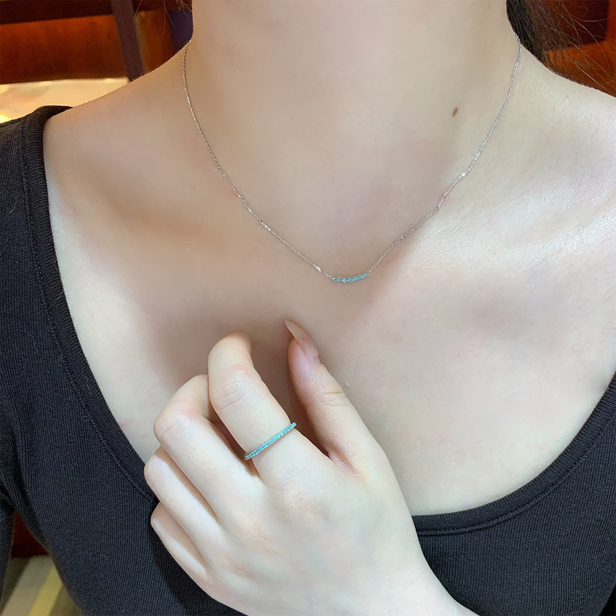 Vintage Paraiba Blue Zircon Curved Bar Necklace