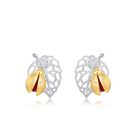 Ladybug Leaf Earrings, Two-Tone Gold & Silver Stud Earrings with Natural Red Agate Accents