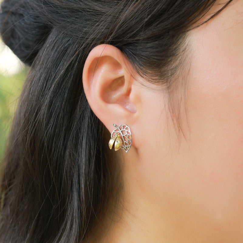 Ladybug Leaf Earrings, Two-Tone Gold & Silver Stud Earrings with Natural Red Agate Accents
