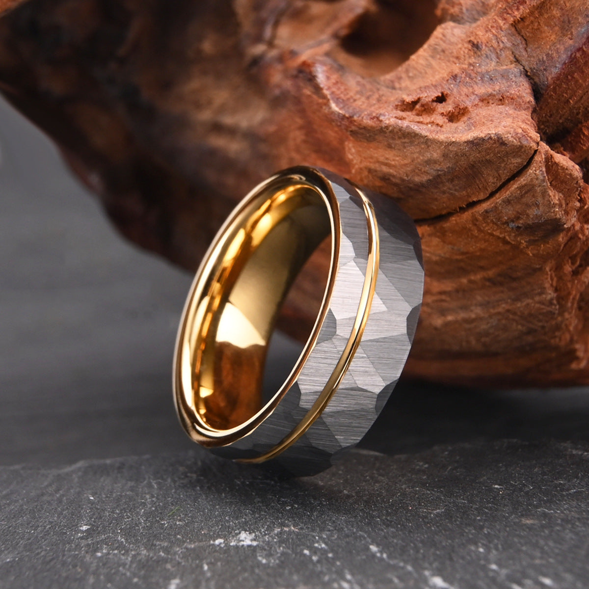 8mm men's wedding band Wide Tungsten Ring New Men's Gold Hammered Ring - PENFINE