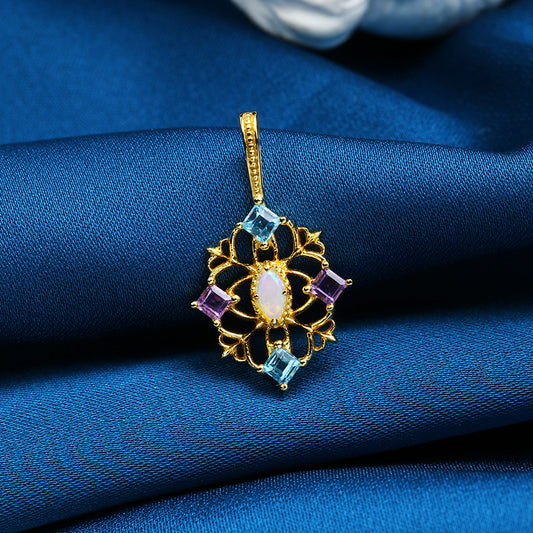 Royal Filigree Marquise Opal & Mixed Gemstone Amulet Necklace