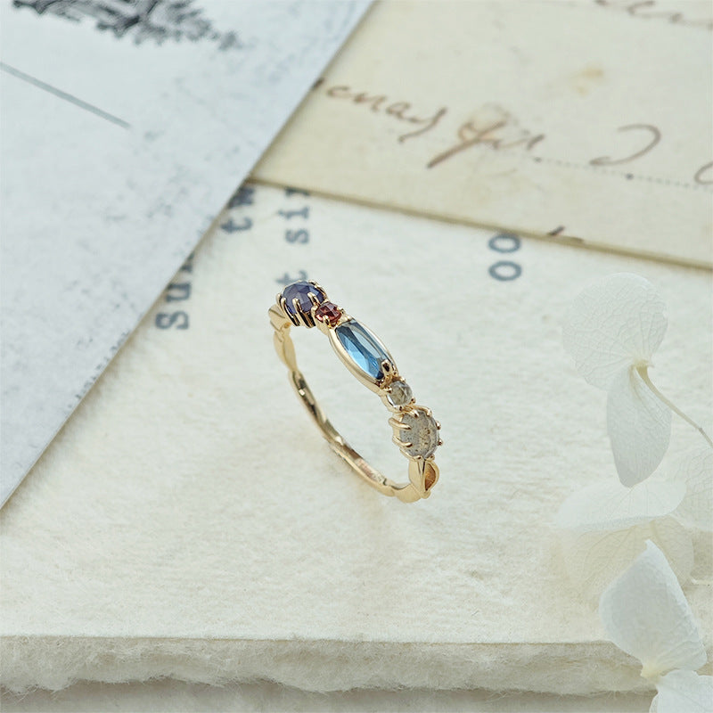 Dainty Multi-Gemstone Promise Ring with Iolite, London Blue Topaz & Garnet