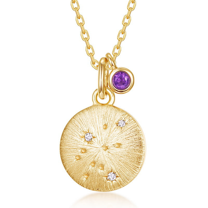 Aquarius Constellation Necklace | Amethyst Birthstone Zodiac Pendant | Brushed Gold Star Sign Charm