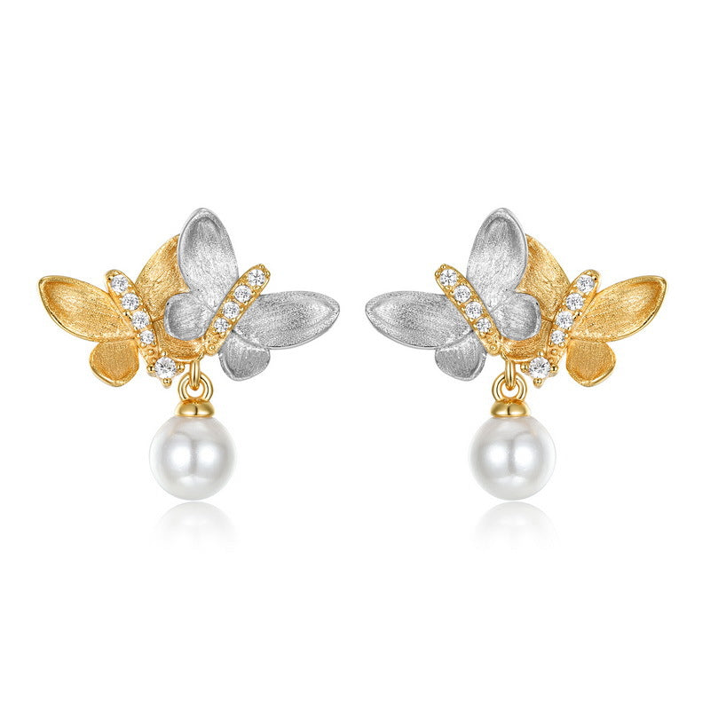 Two Tone Gold Hand-Brushed Butterfly Stud Earrings Sparkling Rhinestones & Pearls