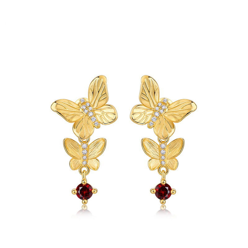 Gold Plated Sterling Silver Double Butterfly Drop Earrings with Red Garnet
