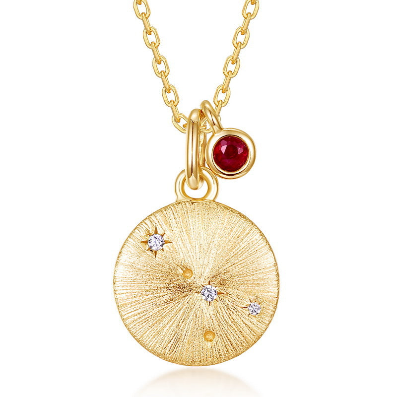 Cancer Constellation Necklace | Ruby Birthstone Zodiac Pendant | Brushed Gold Horoscope Coin Charm