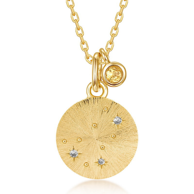 Scorpio Star Sign Necklace | Citrine Birthstone Zodiac Pendant | Brushed Gold Coin Astrology Charm