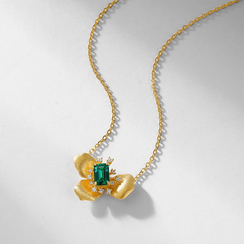 Gold Plated Sterling Silver Lab-Grown Emerald Flower Necklace