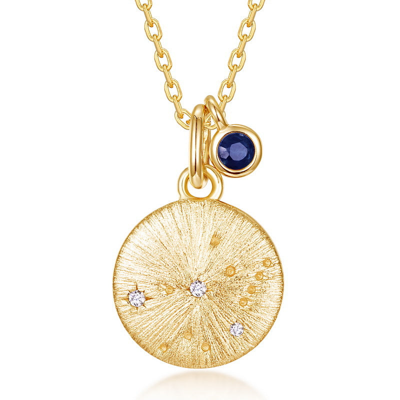 Virgo Zodiac Coin Necklace | Sapphire Birthstone Constellation Pendant | Brushed Gold Celestial Jewelry