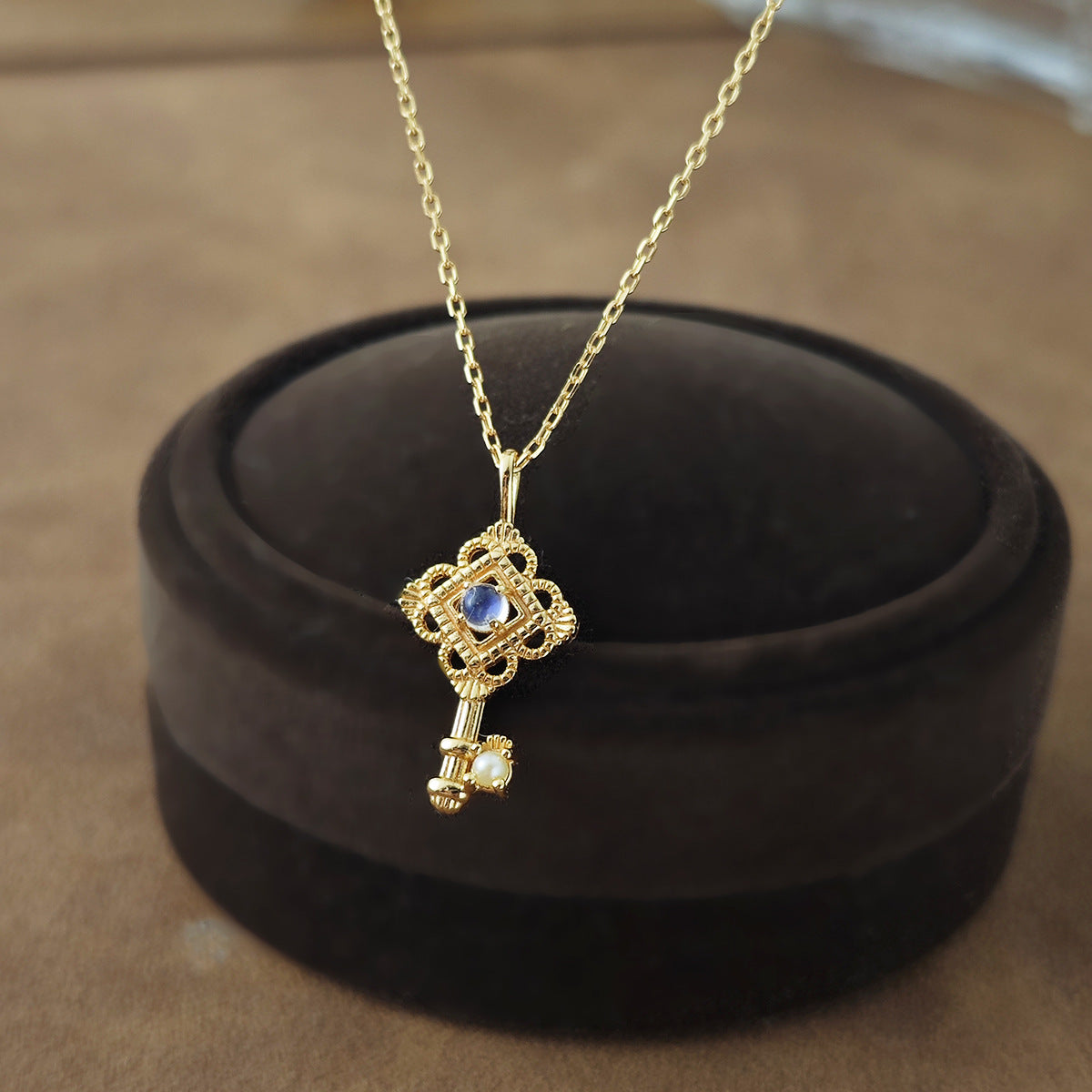 Elegant Vintage-Inspired Moonstone Pearl Key Necklace June Birthstone