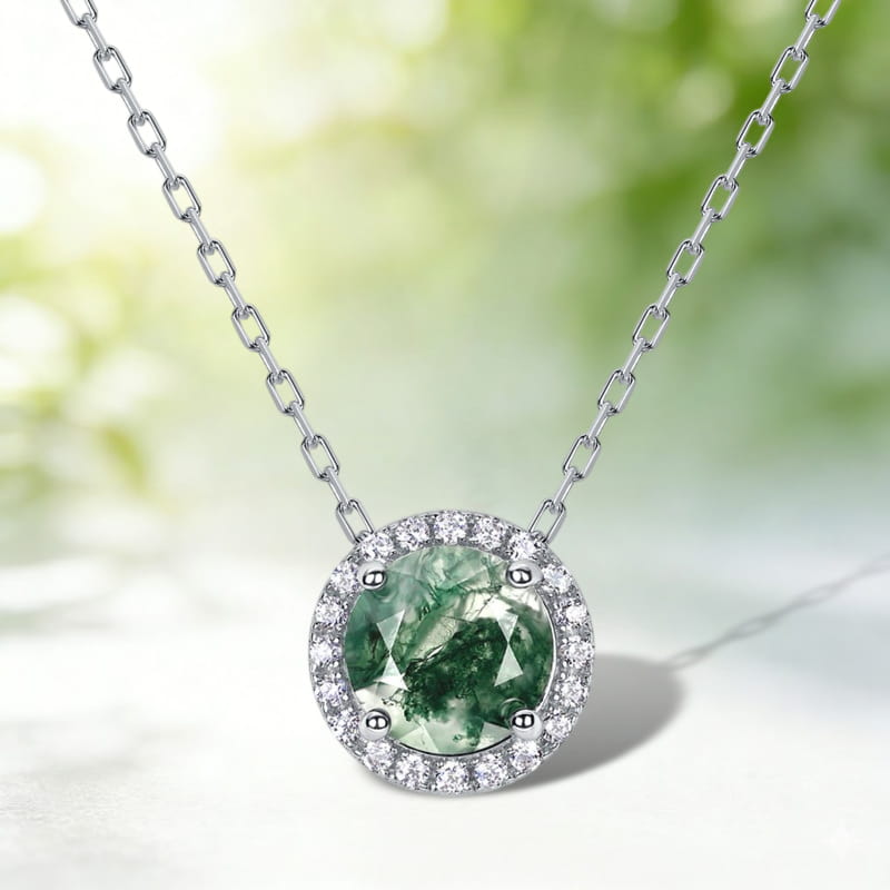 Classic 8mm Round Halo Natural Moss Agate Necklace